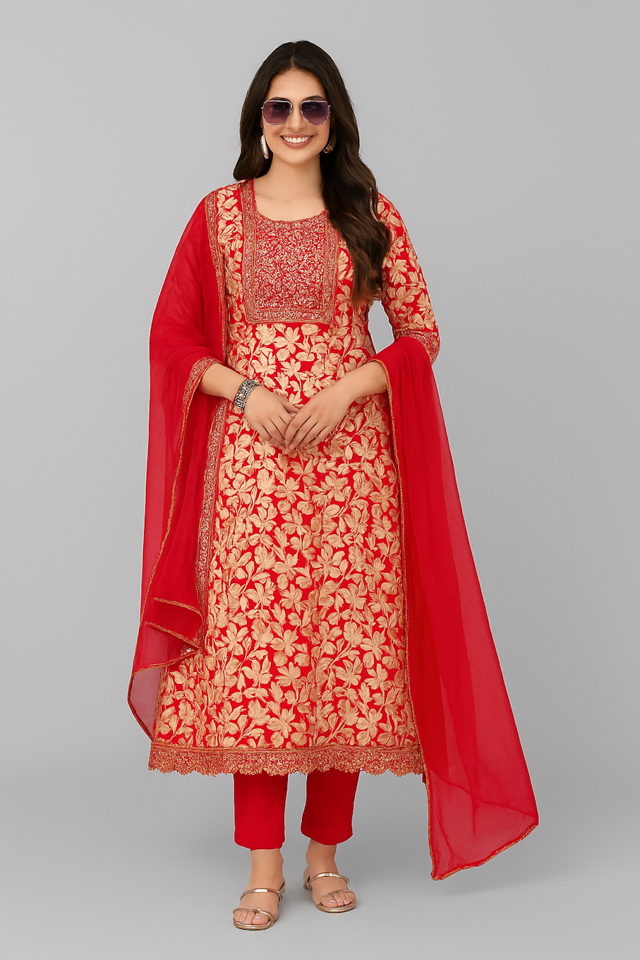 Women Kurta Set-Red (Size-L) | D16
