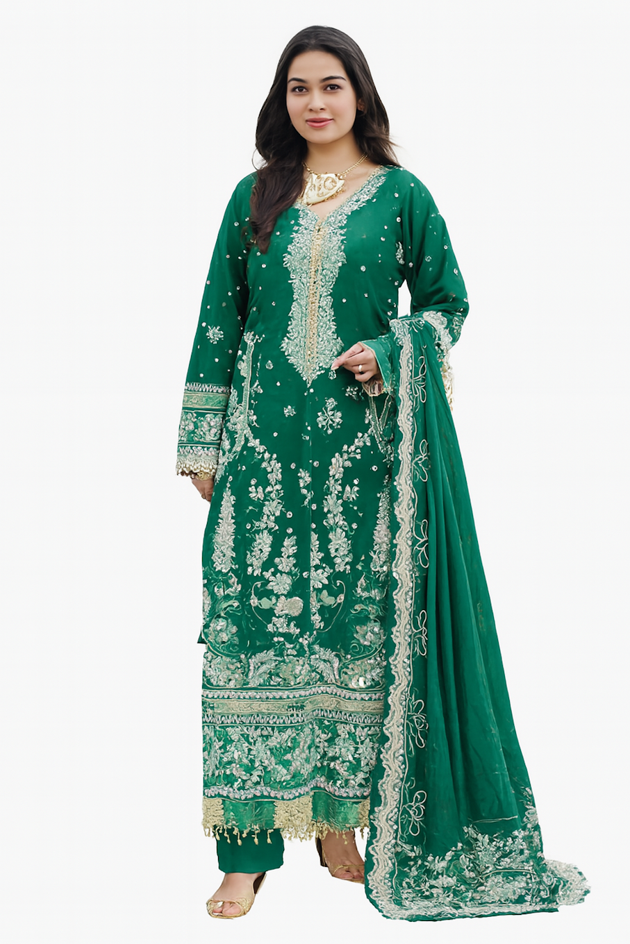 Women Embroidery Kurta Set-Green (Size-2XL) | D61
