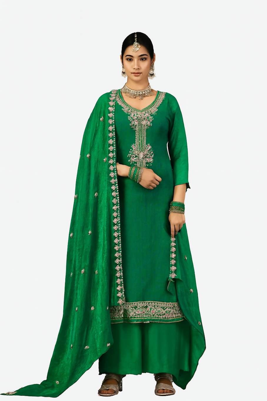 Women Embroidery Kurta Set-Green (Size-2XL) | D77