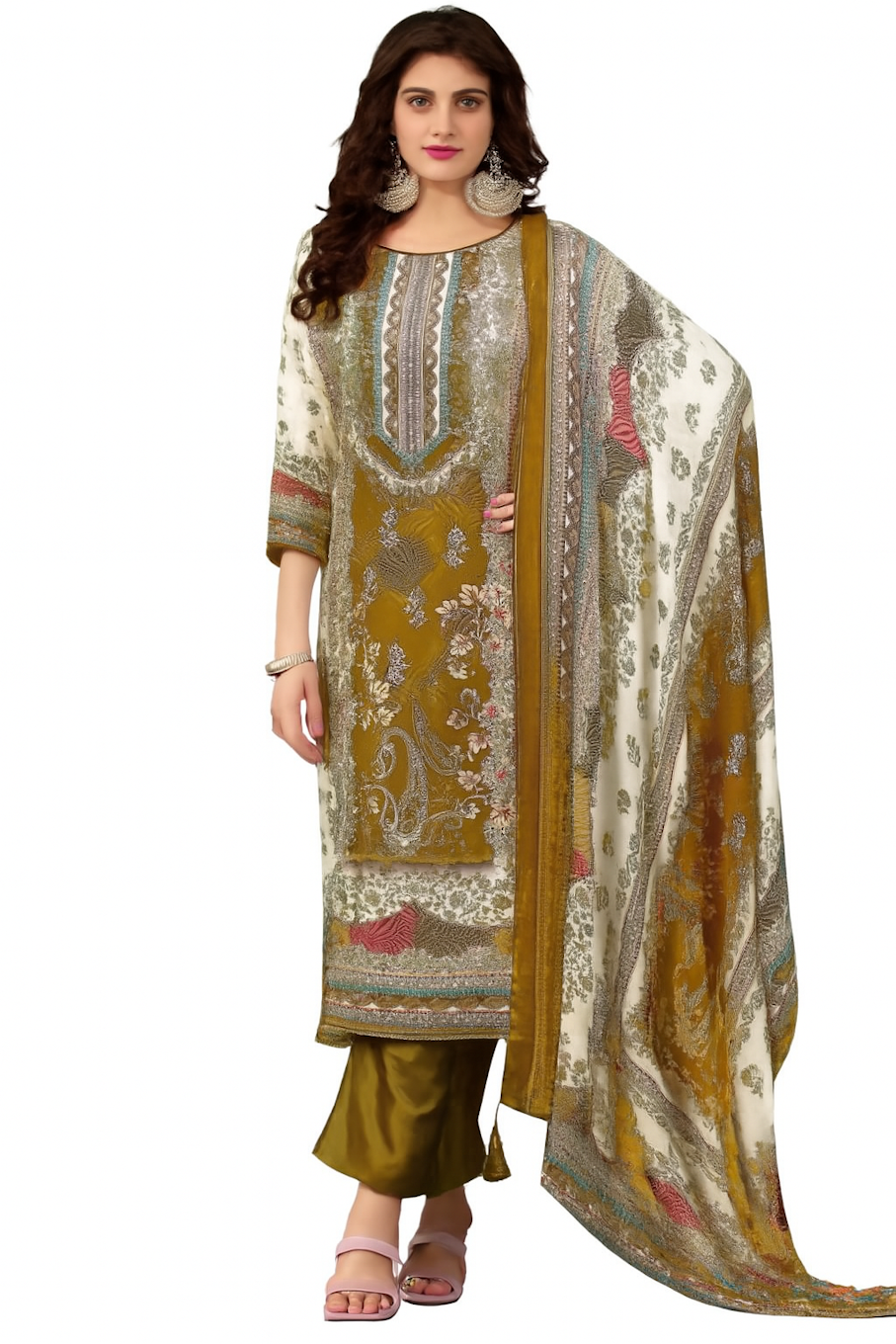 Women Embroidery Kurta Set-Mustard (Size-L) | D341