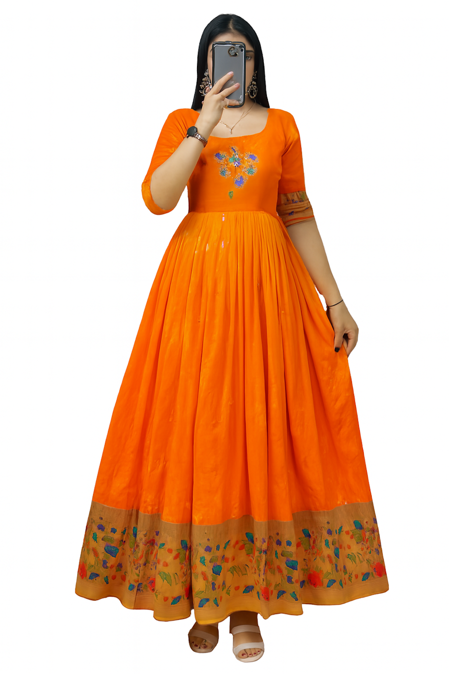 Embroidered Designer Gown for Women-Orange (Size-XS) | D122