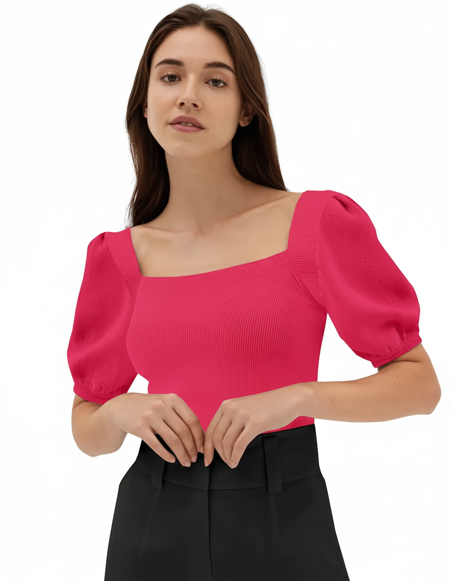 XS-Women's Ribbed Knit Top – Puff Sleeves, Square Neck, Pink  Casual