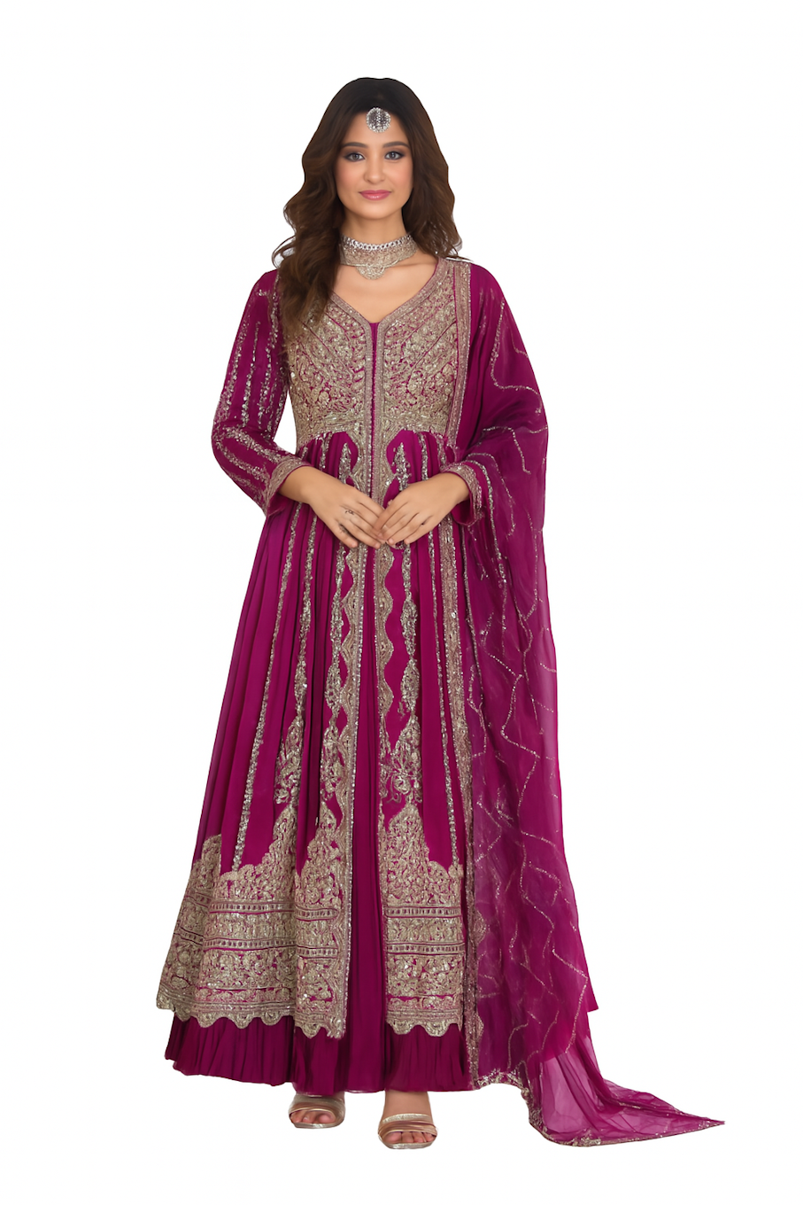 Embroidered Designer Gown for Women-Rani Pink (Size-M) | D20