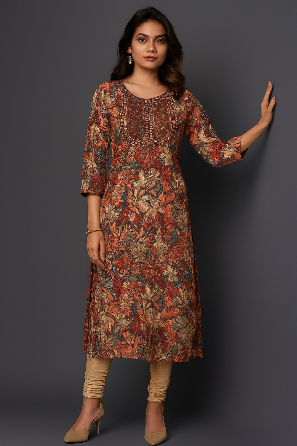 Women's Floral Printed Dress – Long Sleeve, Beige Leggings-L