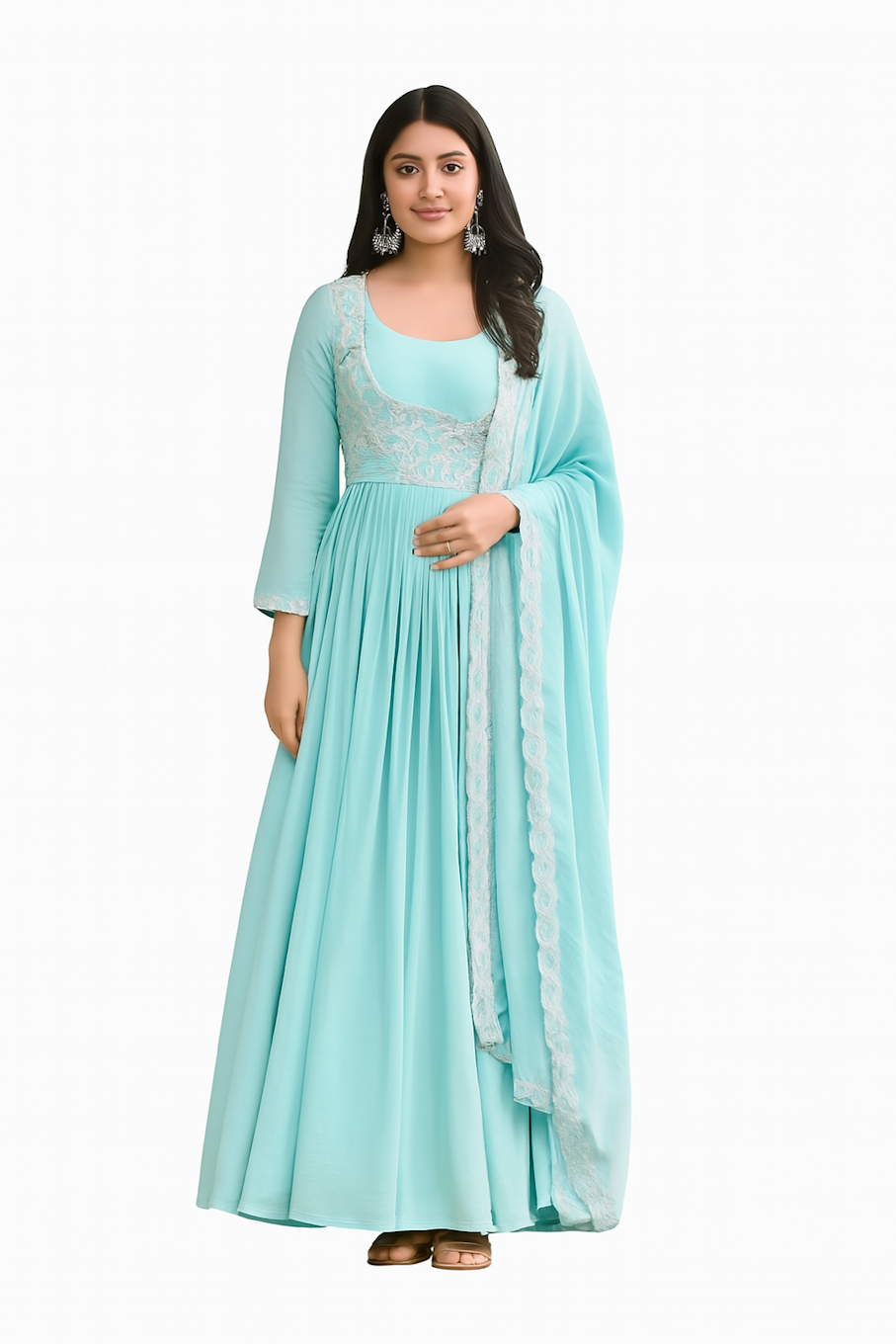 Embroidered Designer Gown for Women-Light Green (Size-XS) | D98