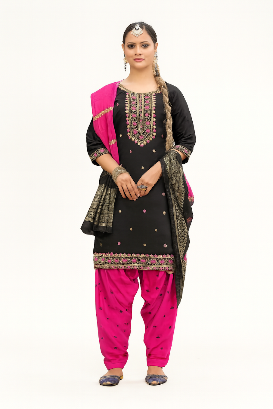 Women Embroidery Kurta Set-Black &pink (Size-XS) | D32