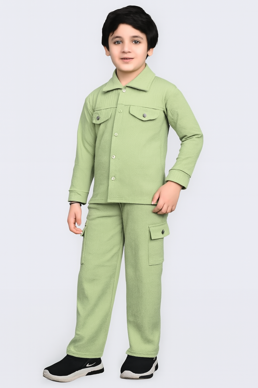 M-Boys’ Formal Cotton Set – Light Green Shirt & Cargo Pants | Stylish