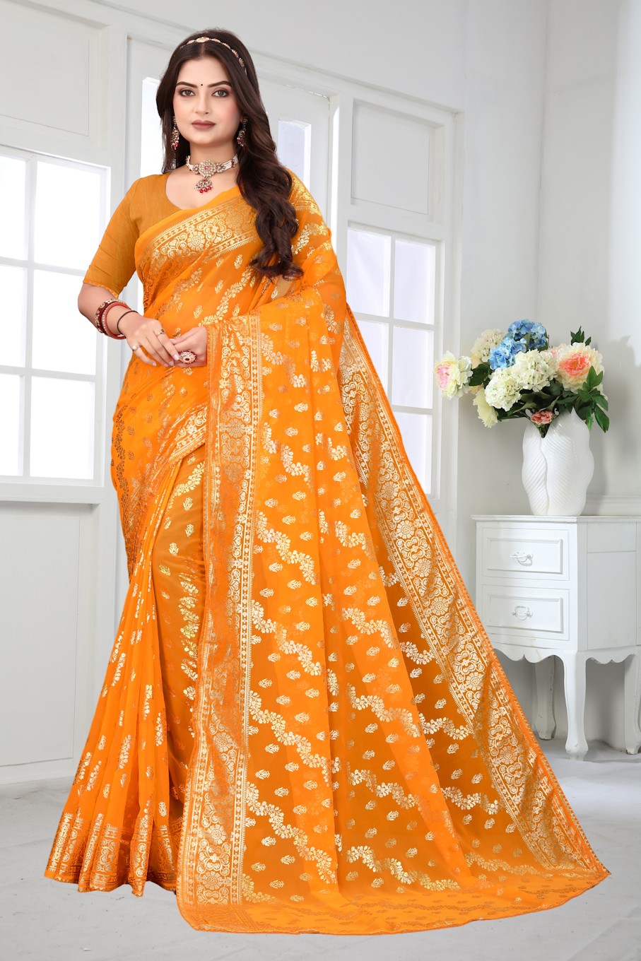 Women's Elegant Saree Set for festive wear-Yellow-03