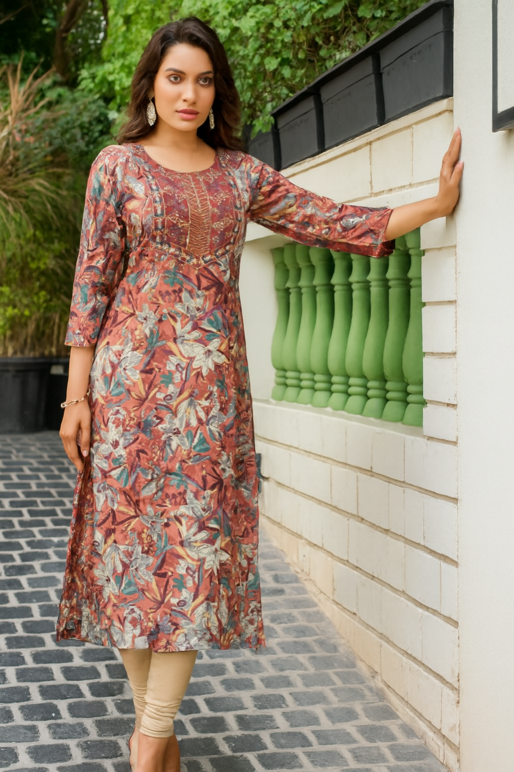 Women's Floral Printed Dress – Long Sleeve, Beige Leggings-M