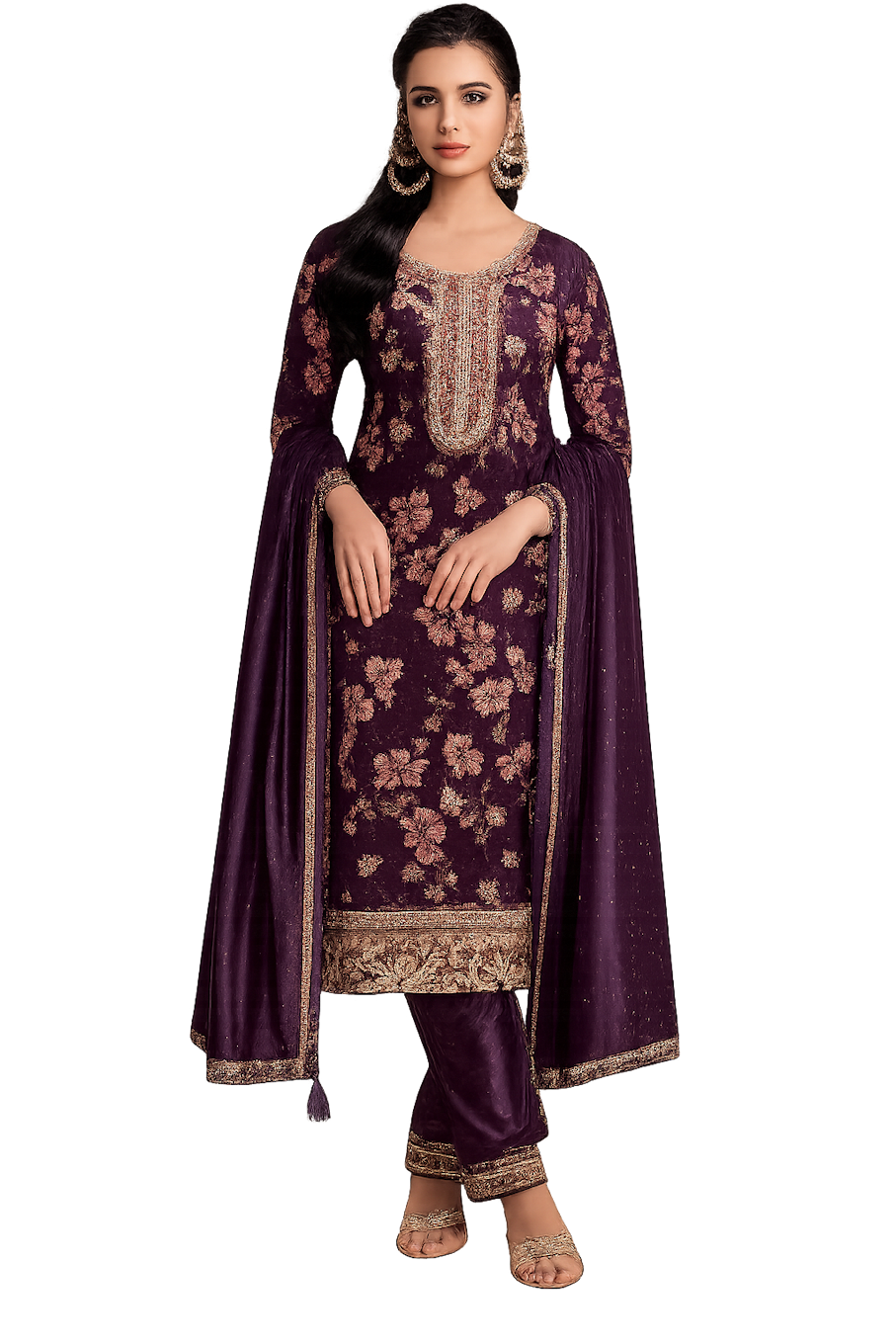 Women Designer Embroidery Kurta Set-Wine (Size-L) | D74