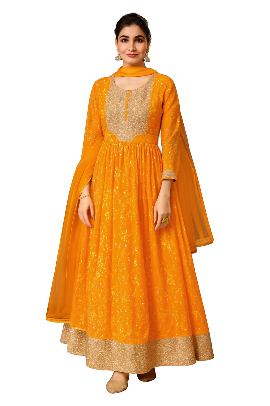 Embroidered Designer Gown for Women-Yellow (Size-XL) | D127