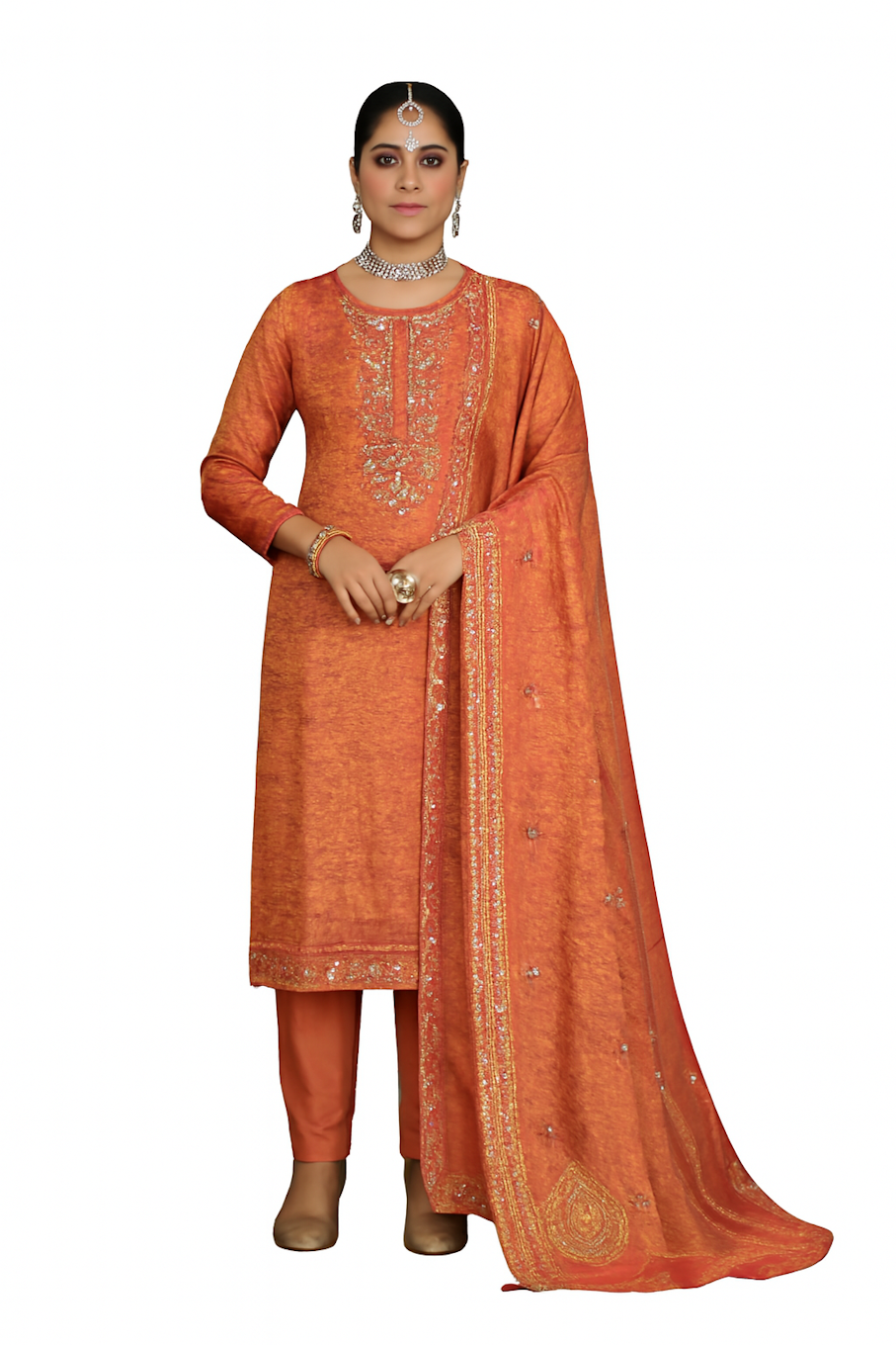 Women Embroidery Kurta Set-Orange (Size-M) | D94