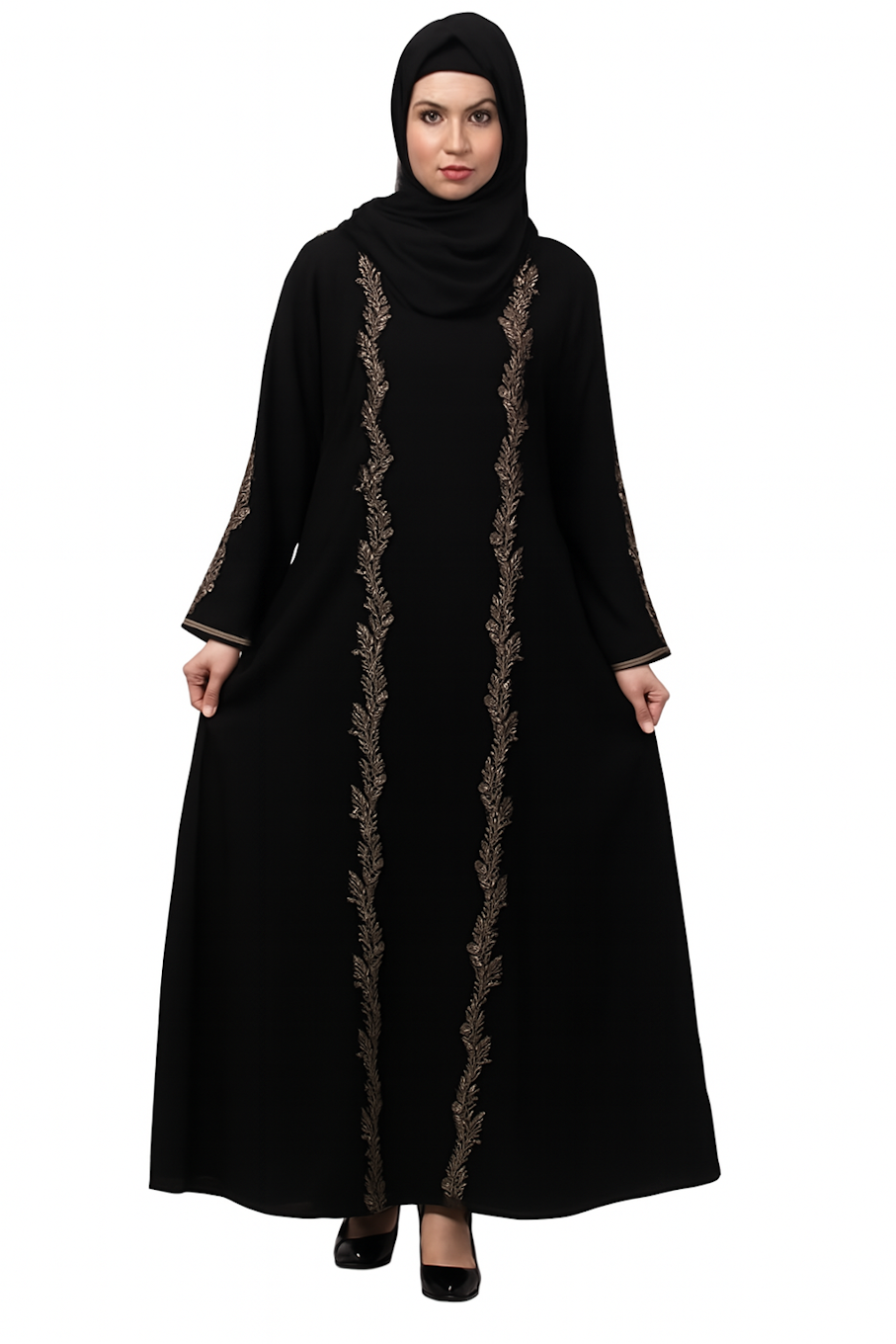 Women stylish emroideed A-Line abaya burka-Black (Size-L)