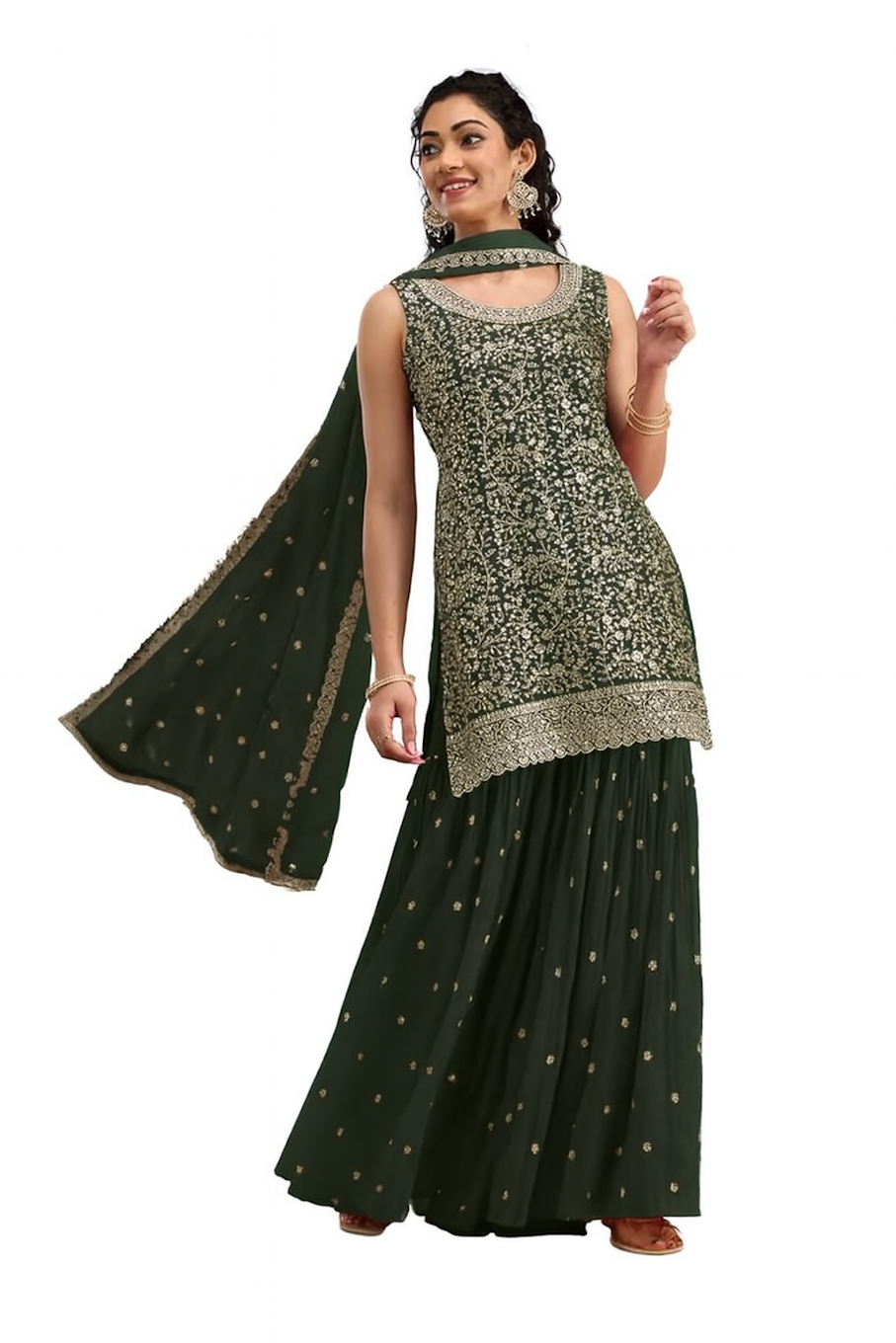 Women Designer Embroidery Kurta Set-Green (Size-S) | D263