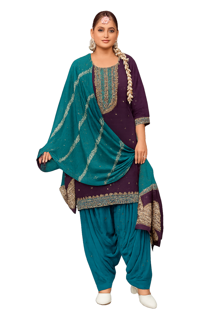 Women Embroidery Kurta Set-Brown & Teal (Size-S) | D30