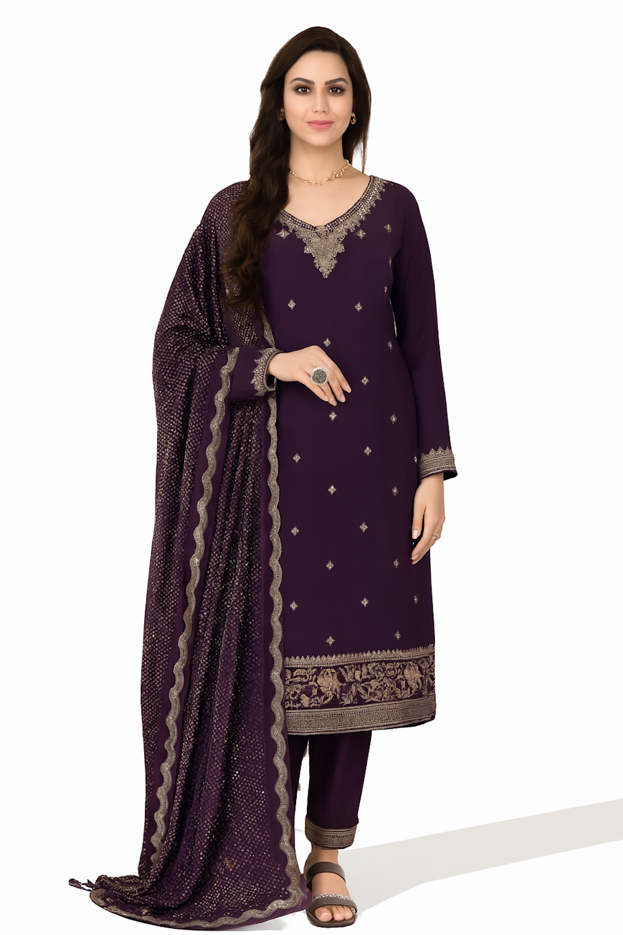 Women Designer Embroidery Kurta Set-Wine (Size-M) | D139