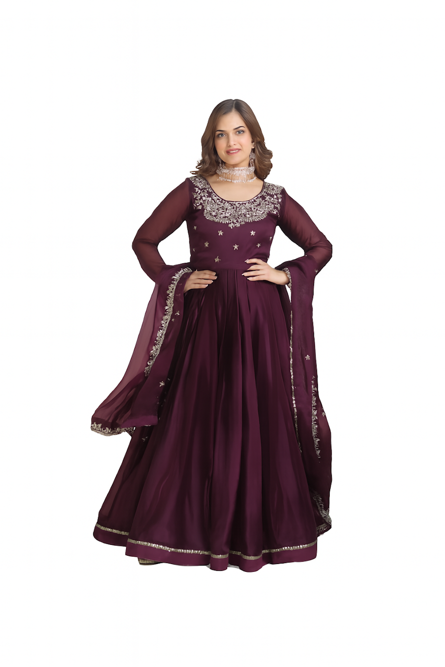 Embroidered Designer Gown for Women-Wine (Size-5XL) | D100