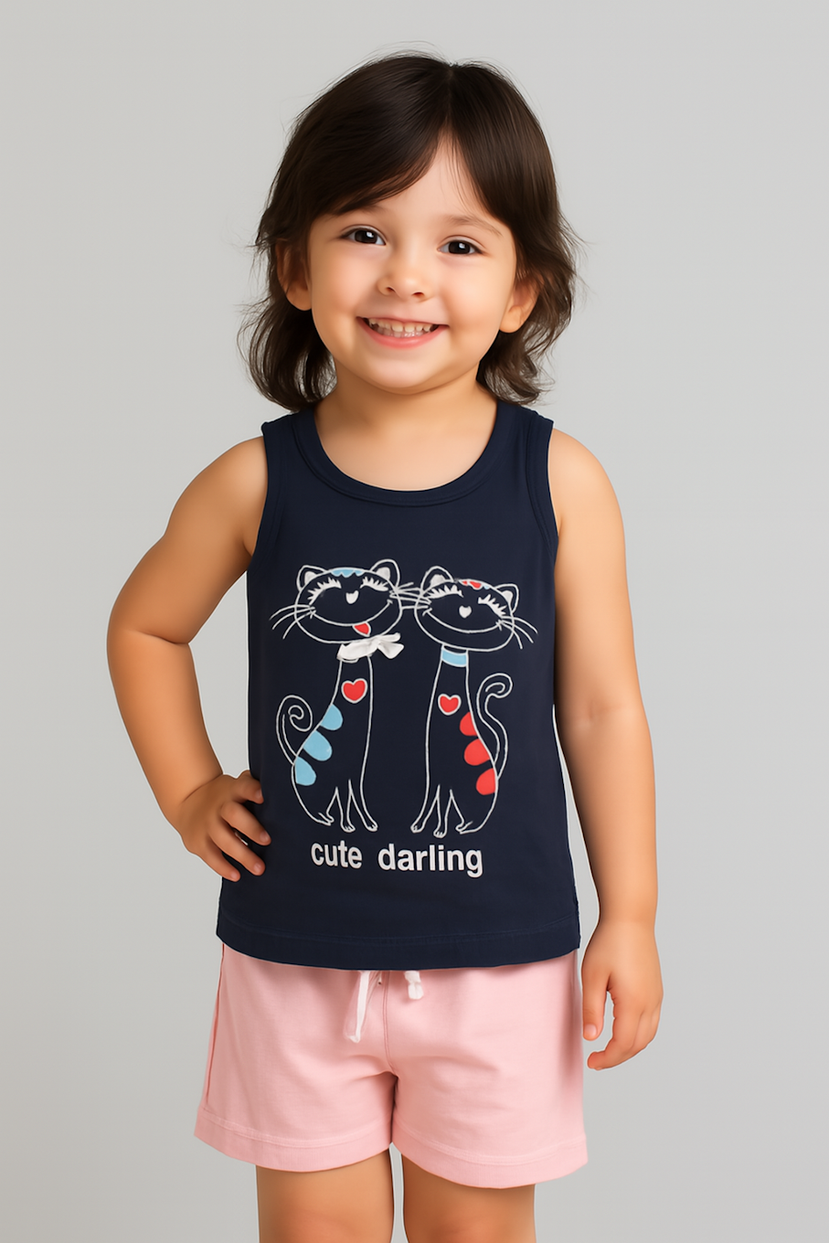 Cotton Printed Sleeveless Tshirt for Girls-Navy Blue (Size-7-8 YEAR) |
