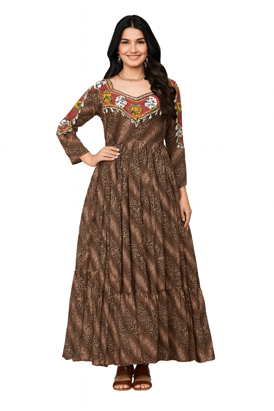 Embroidered Designer Gown for Women-Brown (Size-XL) | D131
