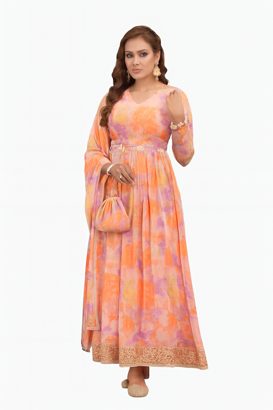 Embroidered Designer Gown for Women-Orange (Size-XS) | D66