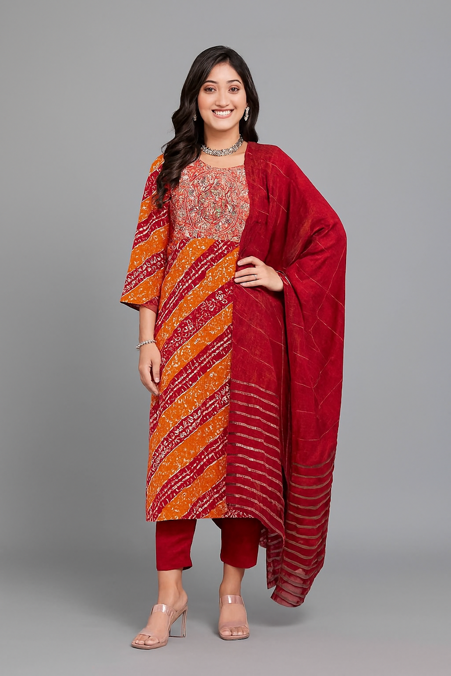 Women Kurta Set-Orange & Red (Size-M) | D71