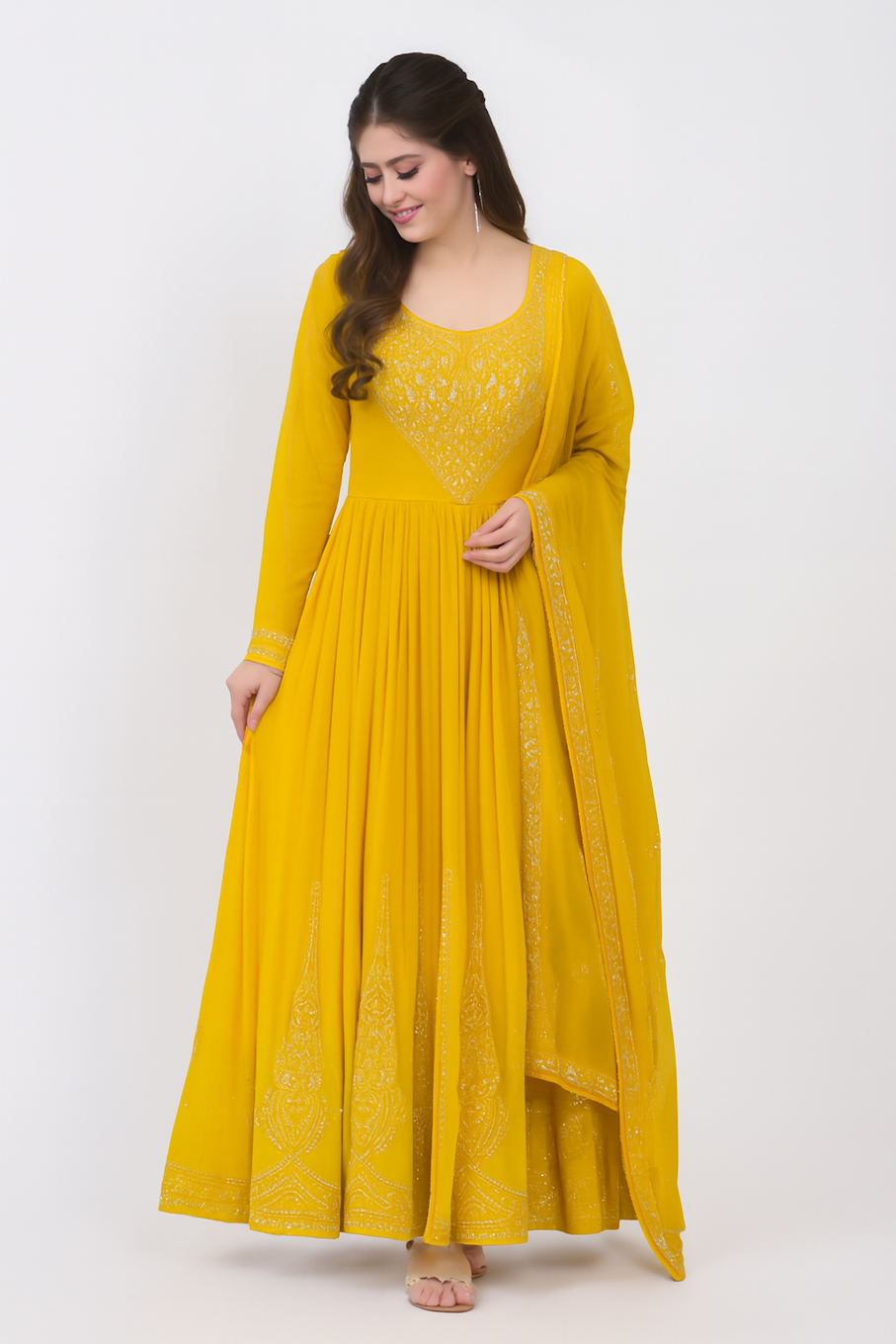 Embroidered Designer Gown for Women-Yellow (Size-S) | D177