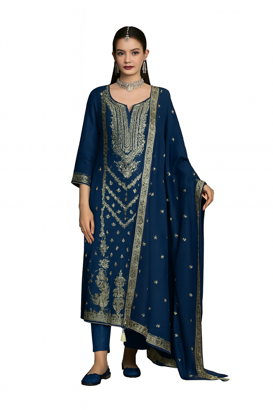 Women Embroidery Kurta Set-Navy Blue (Size-3XL) | D186