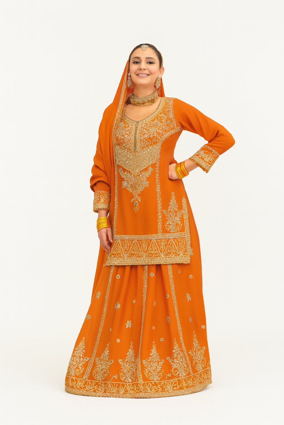 Women Embroidery Kurta Set-Orange (Size-2XL) | D22