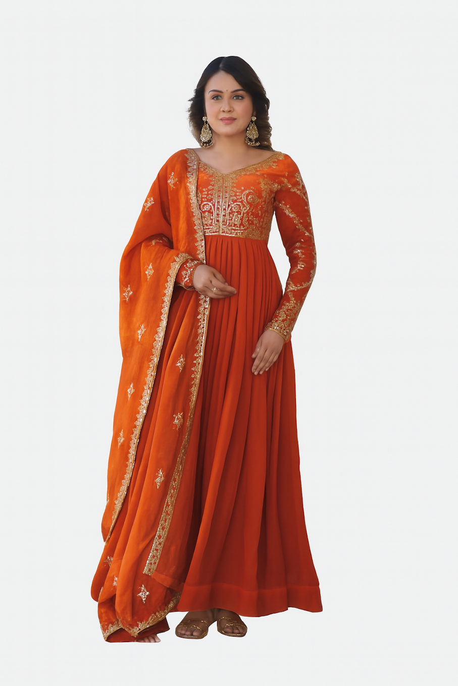 Embroidered Designer Gown for Women-Orange (Size-XL) | D174