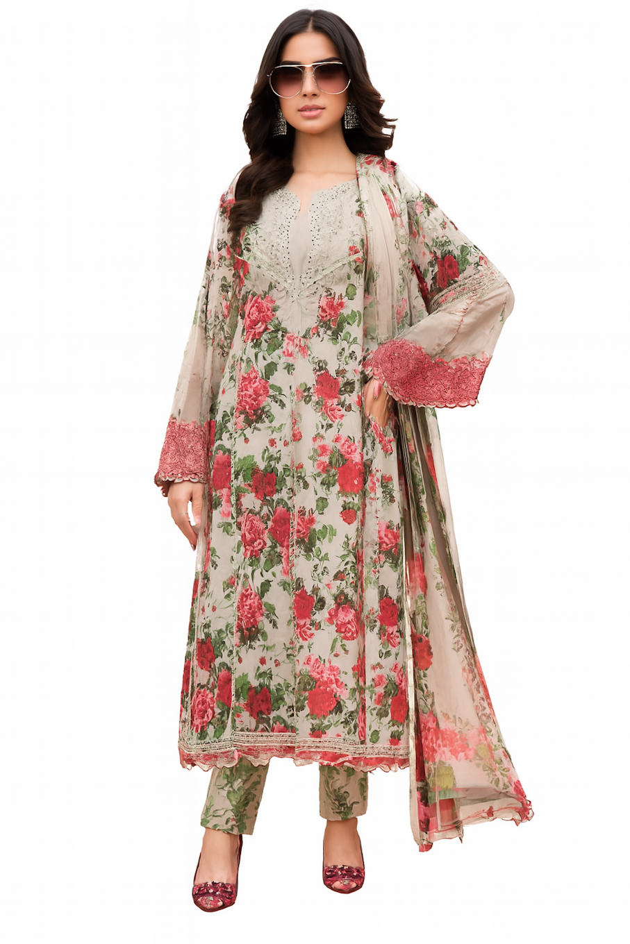 Women Embroidery Kurta Set-White (Size-S) | D70