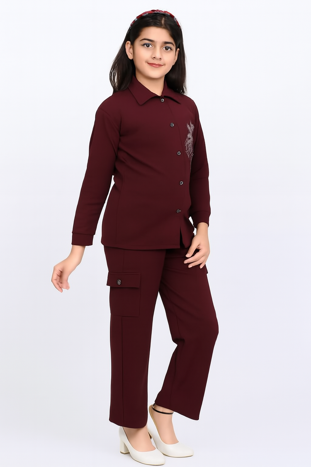 S-Girls’ Maroon Formal Set – Embellished Shirt & Cargo Pants | Stylish