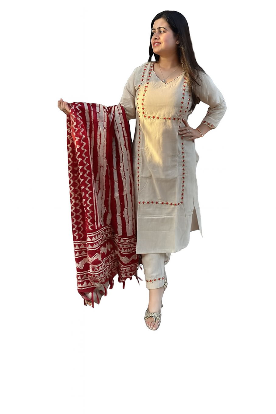 Women Festive Wear Kurta Set-White & Red (Size-L) | D151