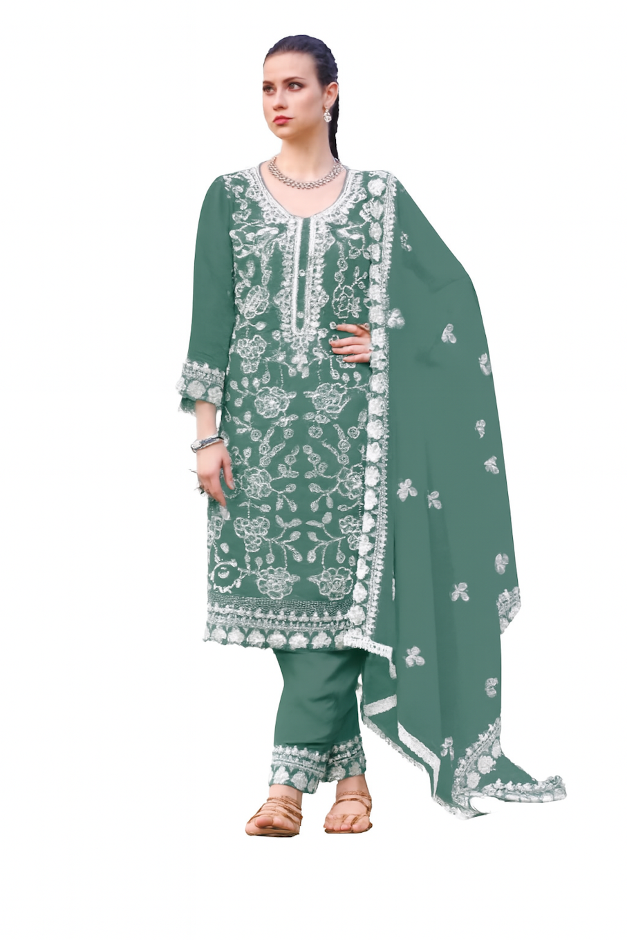 Women Embroidery Kurta Set-Green (Size-M) | D123