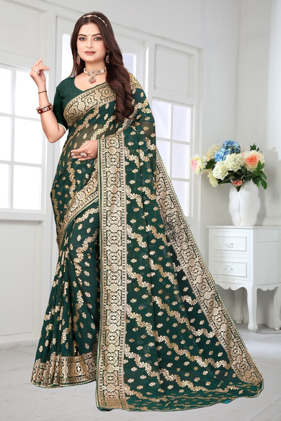 Women's Elegant Saree Set for festive wear-Green-05