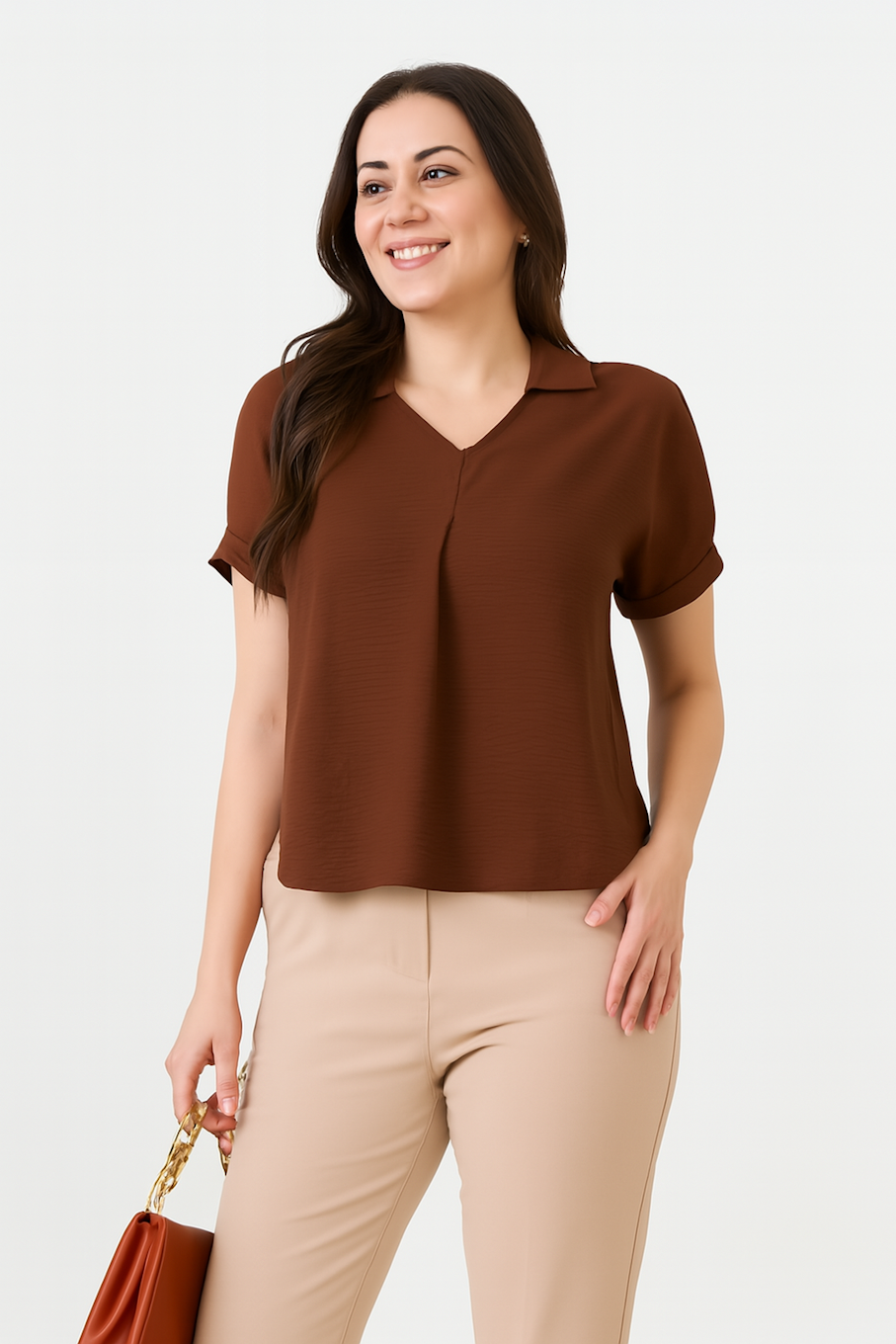 Short Sleeve Collared Top-Brown (Size-XL)