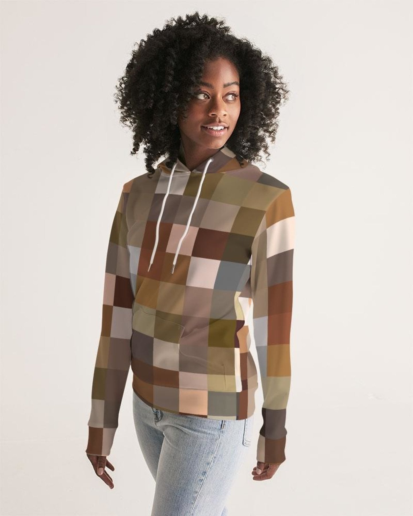 Womens Hoodie - Brown Multicolor Colorblock Pattern
