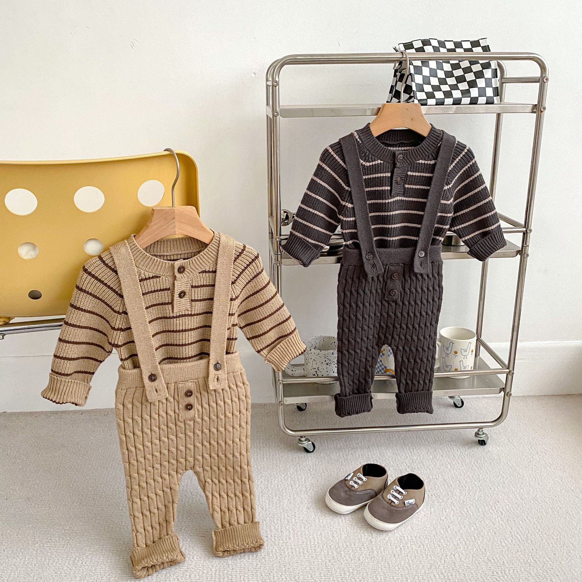 Baby Kids Unisex Long Sleeves Striped Knitted Sweater and Overalls