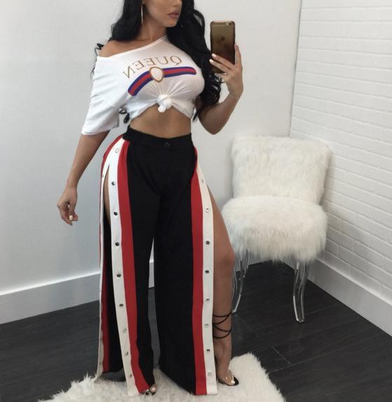 2018 Elastic Waist Cropped Trousers for women sexy Loose Side Slit