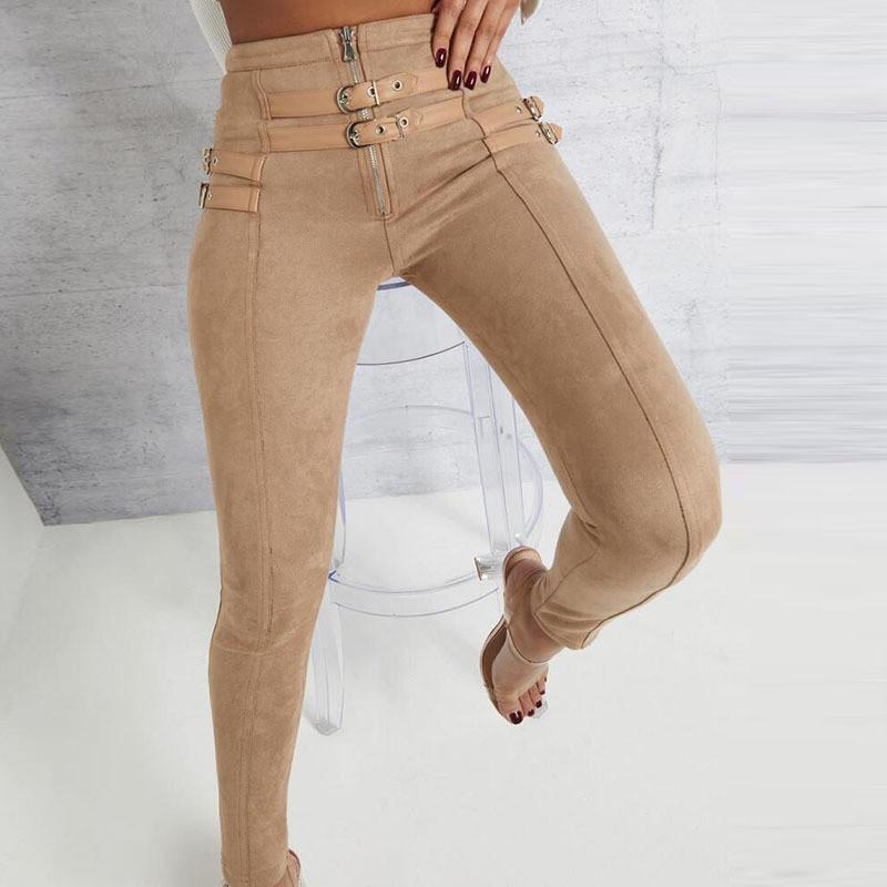 Suede Skinny High Waist Casual Women Pants Fashion Belt Buckle Pencil