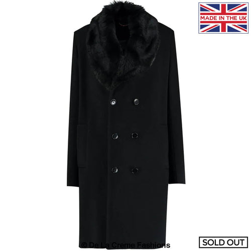 Mens Double Breasted Overcoat With Faux Fur Collar